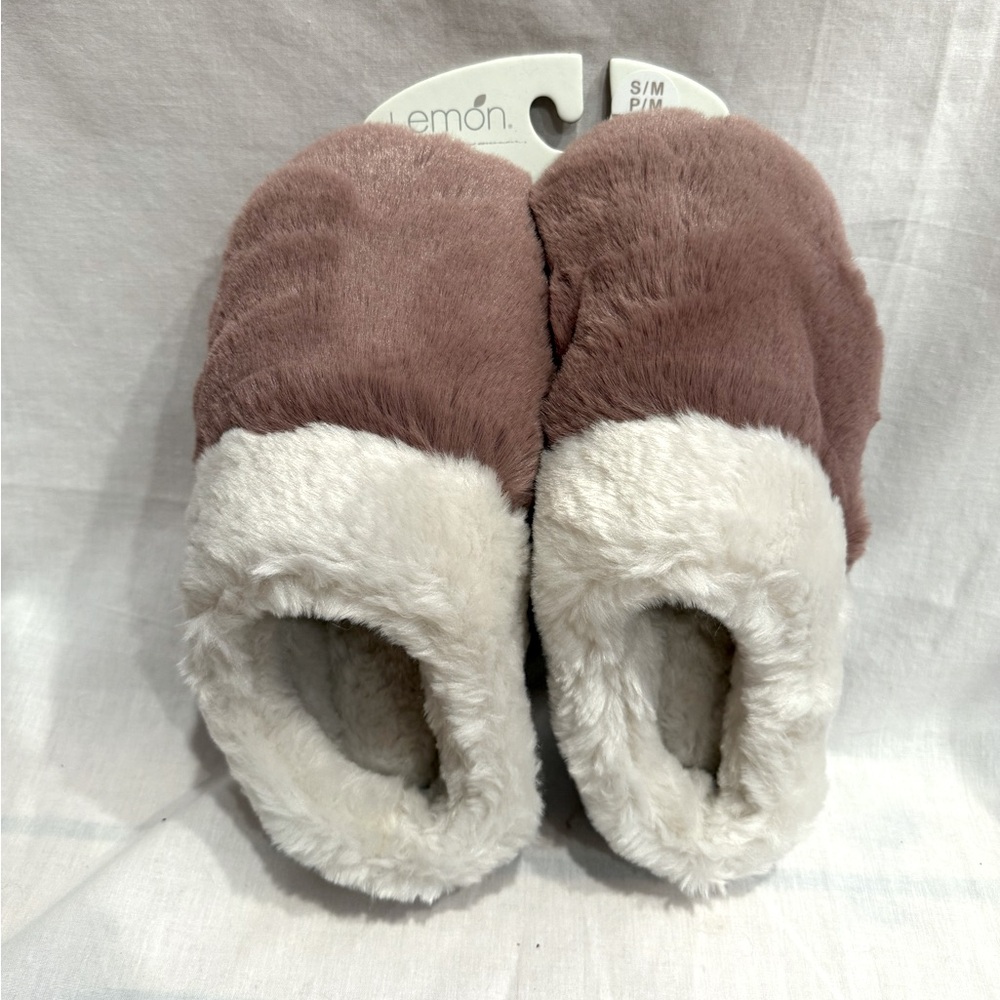 Lemon Lux Faux Fur Scuff Slippers-Plush Brown & Cream Size S/M NWT